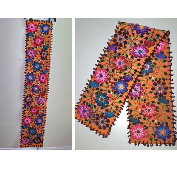 Guatemalan Huipil Floral Embroidered Fringe Table Runner 12x62 Fall Thanksgiving - Picture 1 of 17